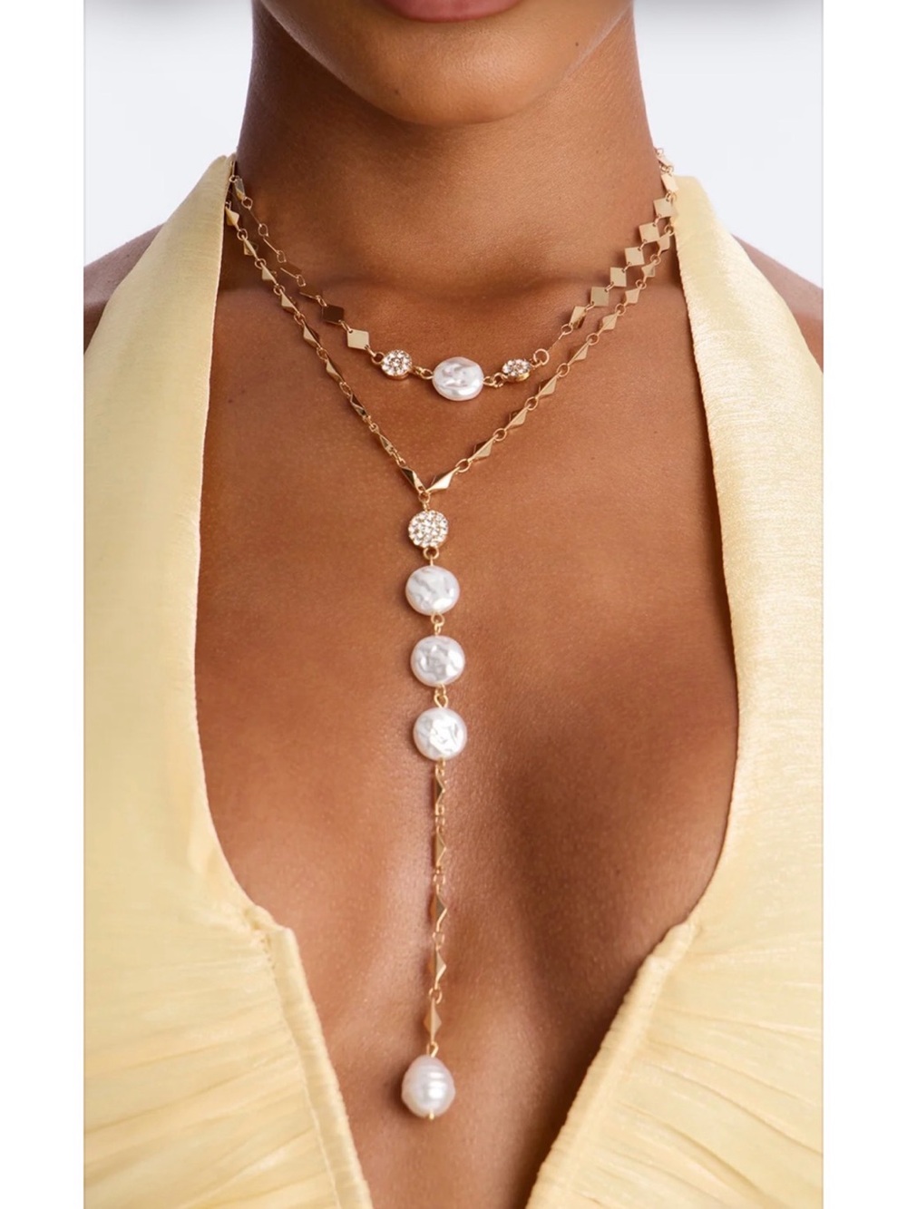 Fashion Nova Dreamer Gold Pearl Lariat Necklace -BNWT